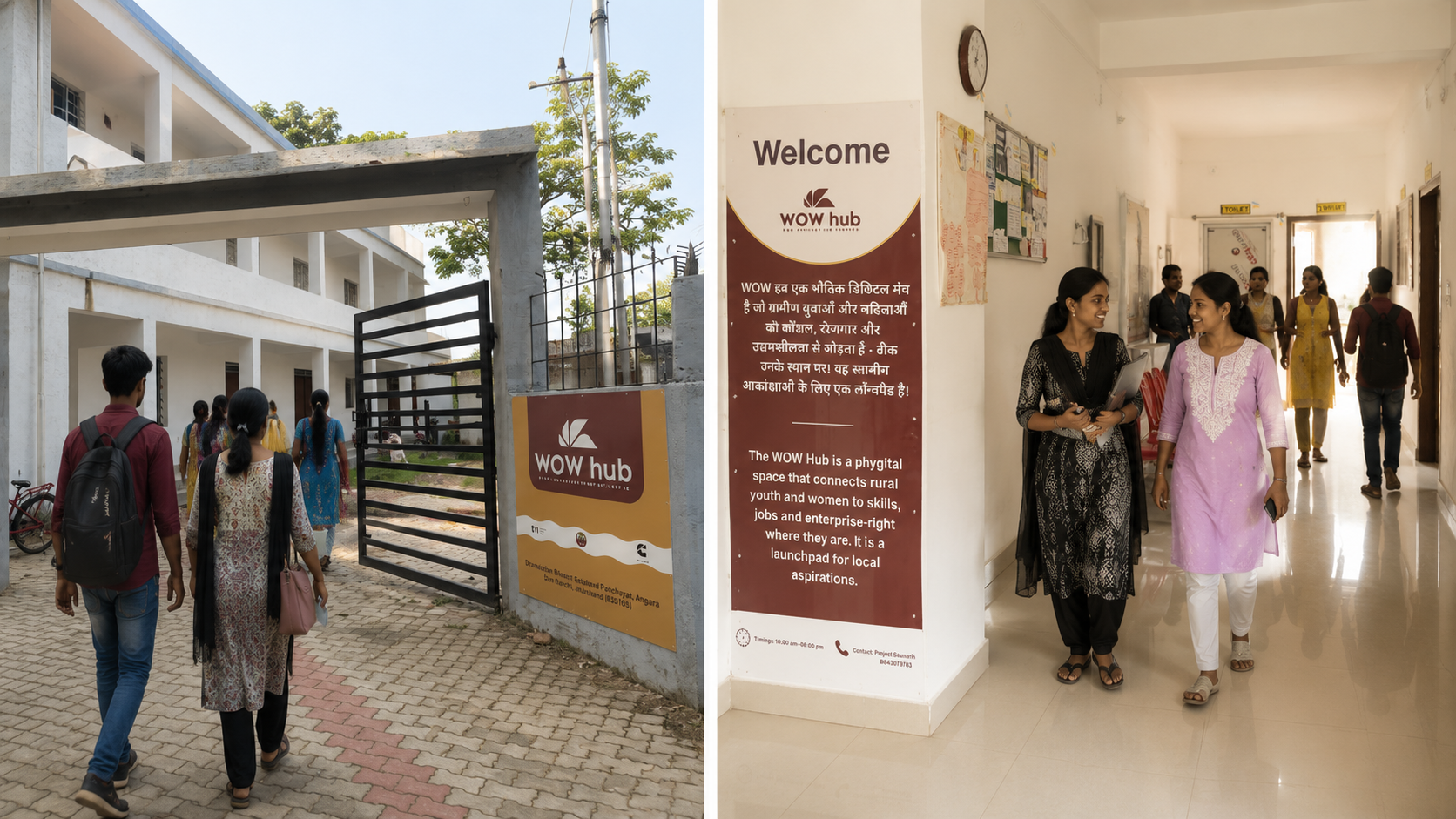 Welcome signage inside WOW Hub with youth walking through the corridor