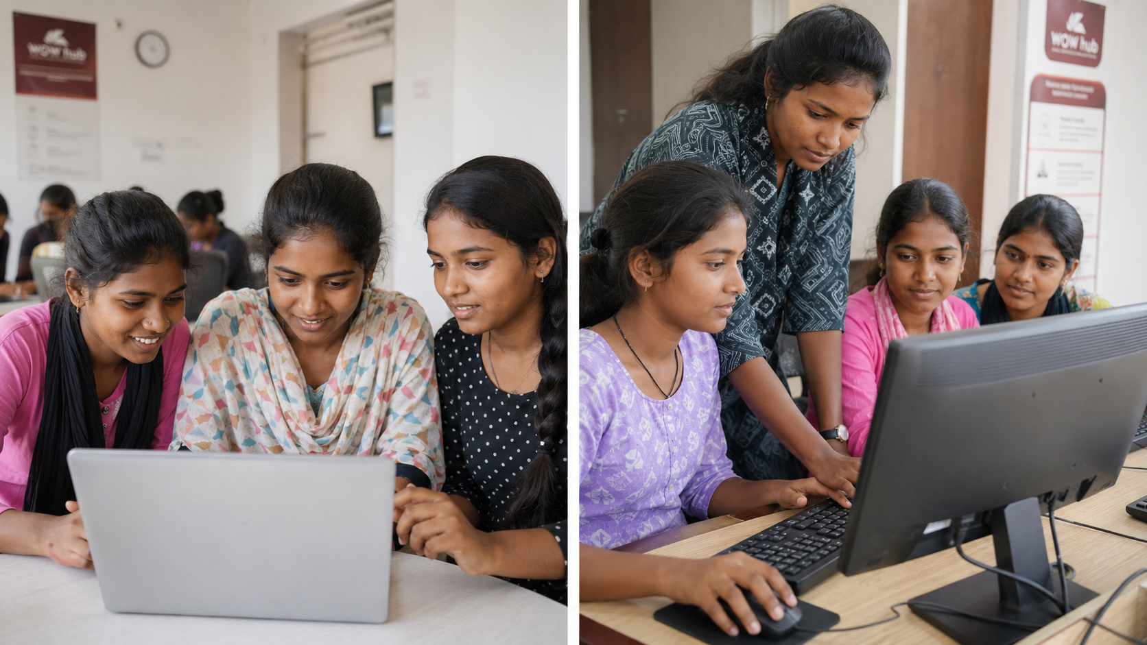 Girls learning on a laptop and desktop at WOW Hub